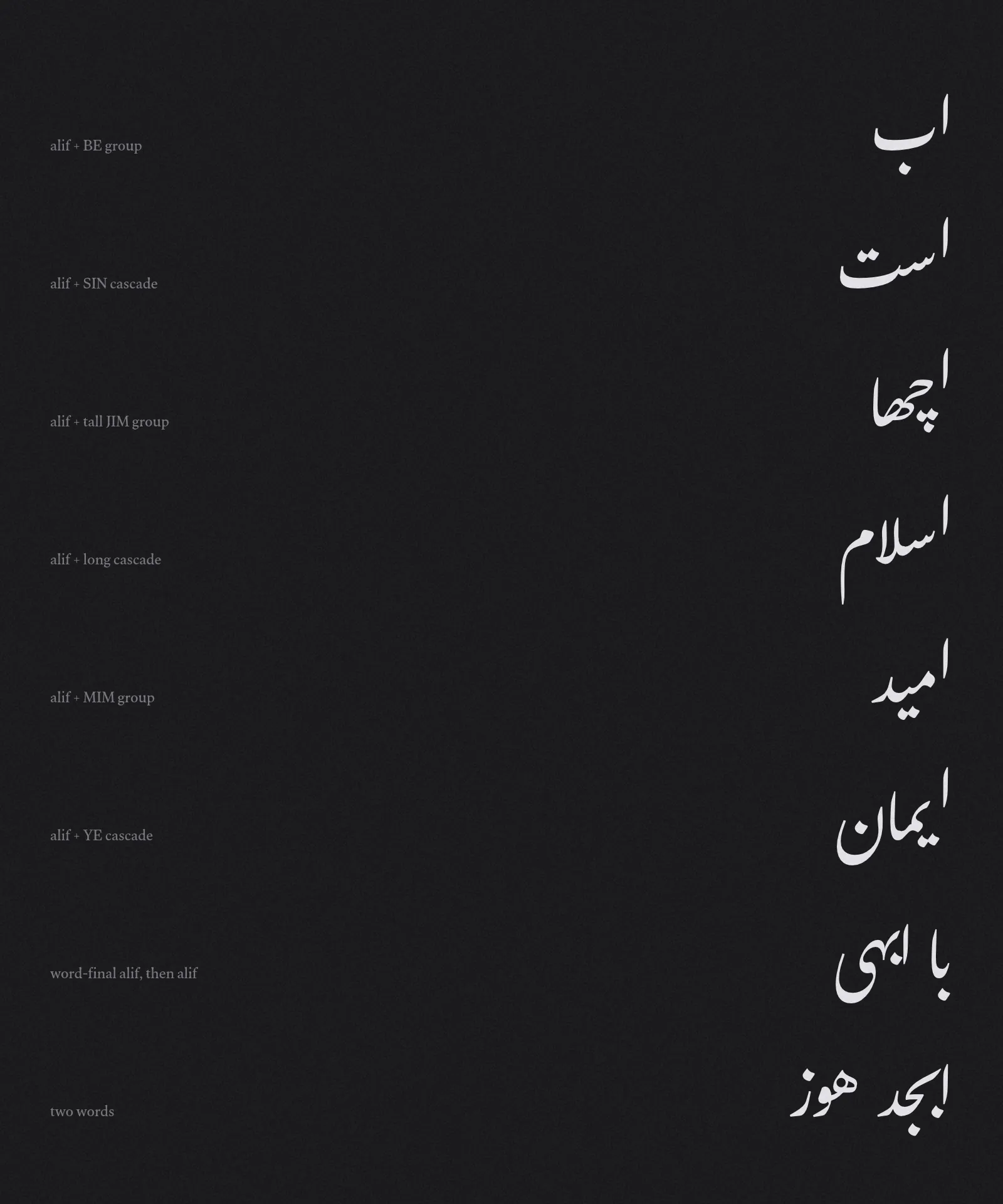 The same words with each unconnected alif raised to the entry height of the following group