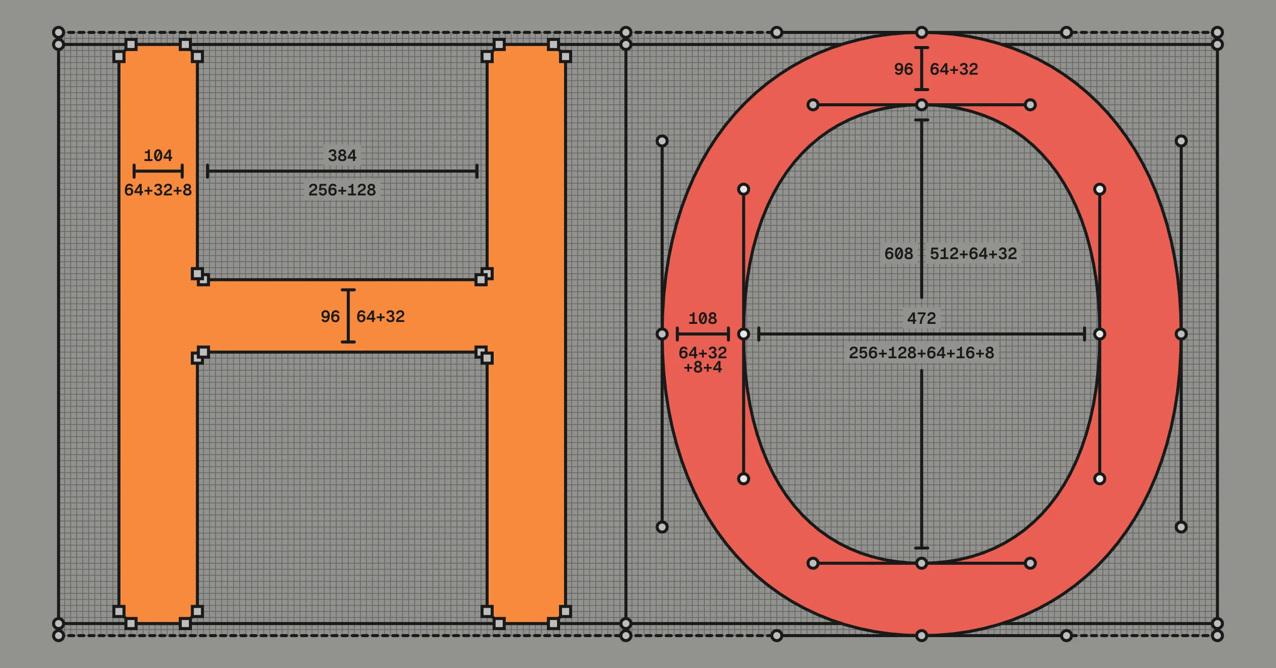 The capital H and O from Virtua Grotesk Regular enlarged over the uniform 8-unit source grid, with every on-curve and off-curve point marked and capped labels measuring representative strokes and counters.