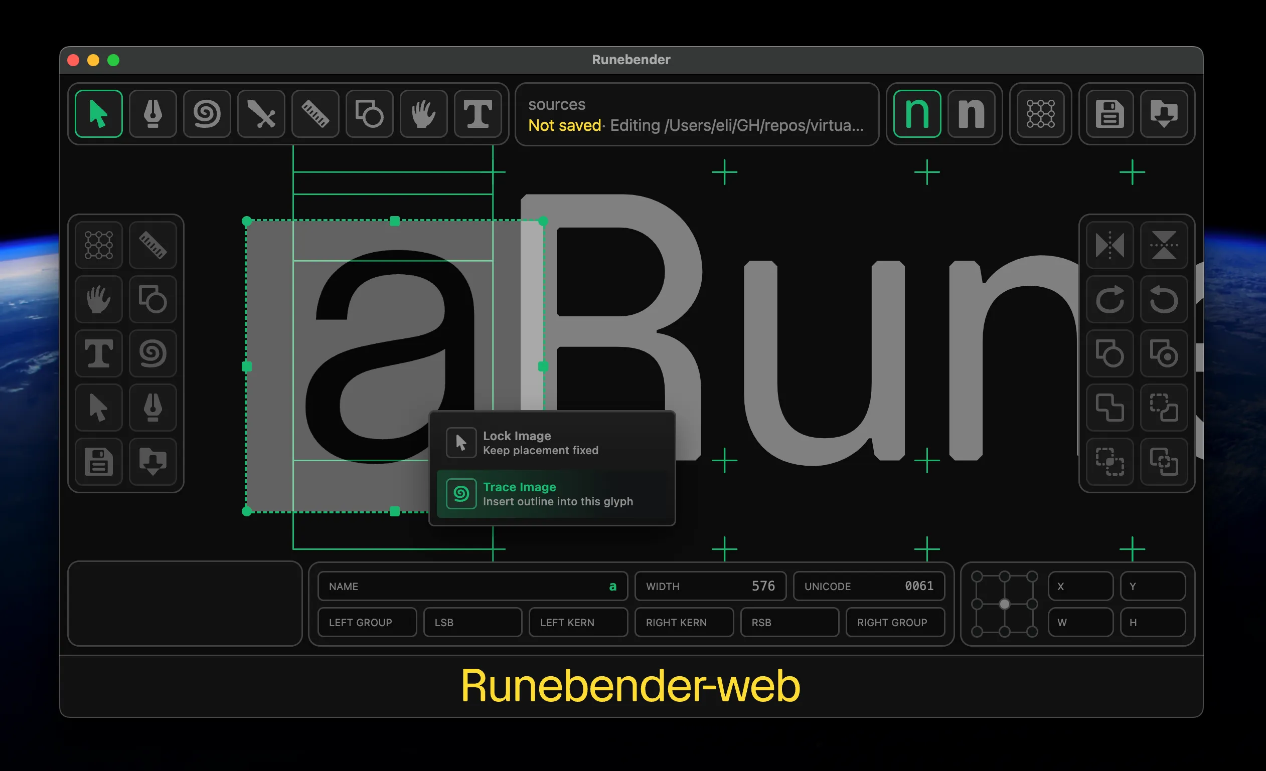 Runebender-Web with a raster "a" placed in the glyph view and the right-click "Trace Image" command, which runs img2bez to insert the outline, highlighted.
