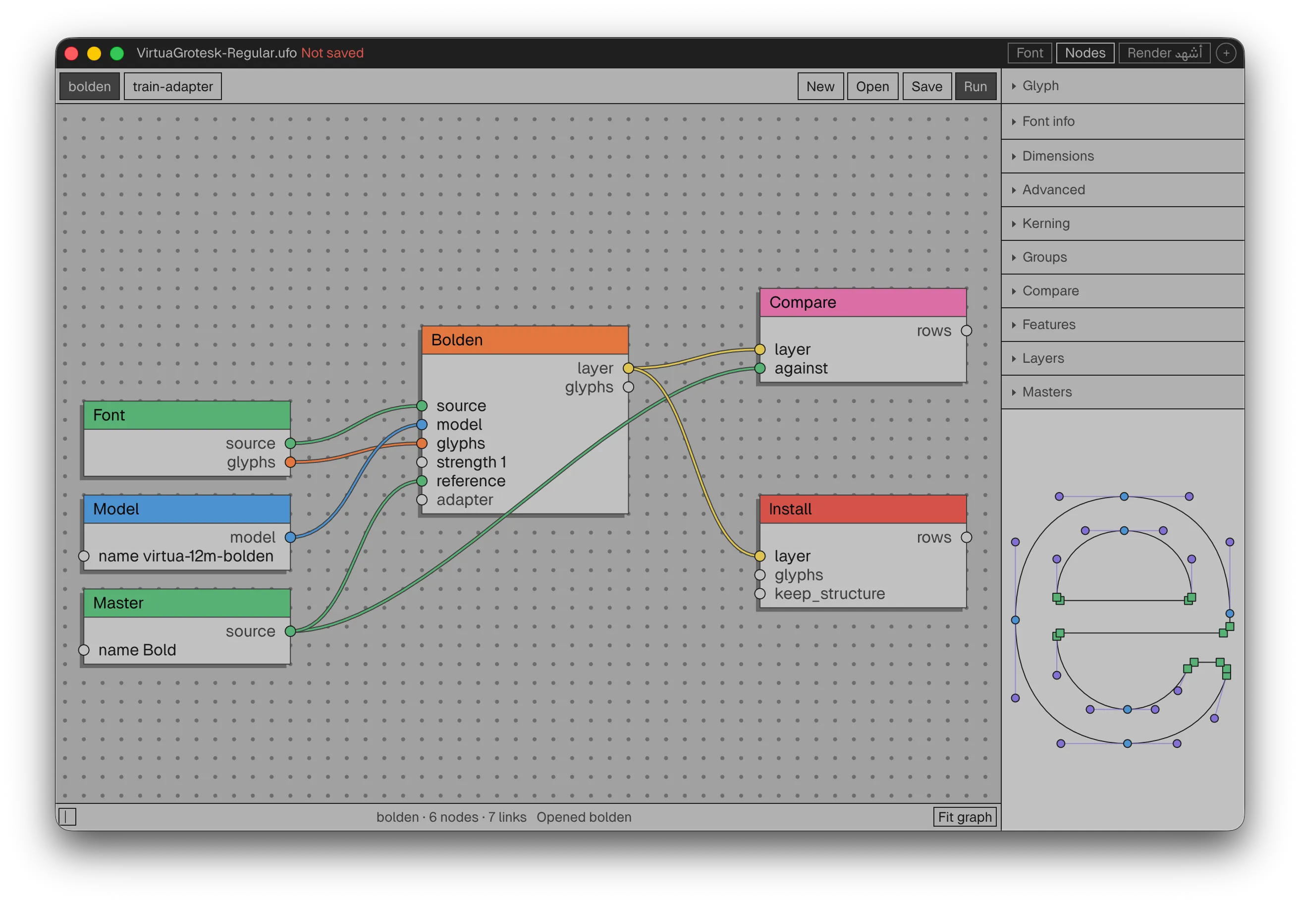 Runebender's Graph tab with a workflow that boldens a master with a model, compares the result, and installs it.
