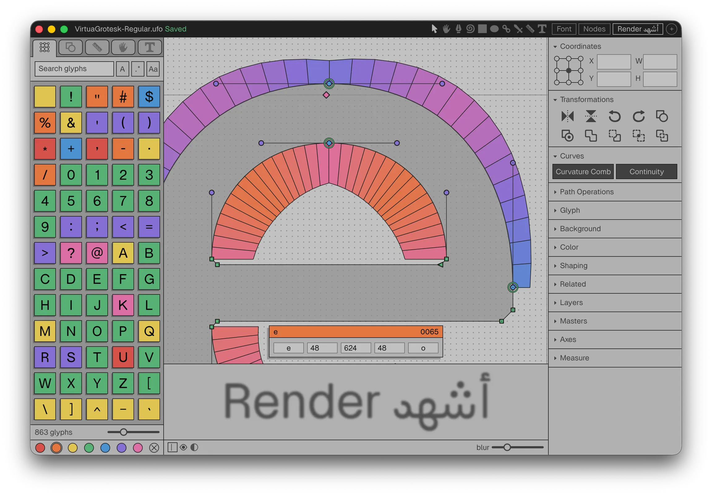 Runebender editing an outline, with the right panel open.
