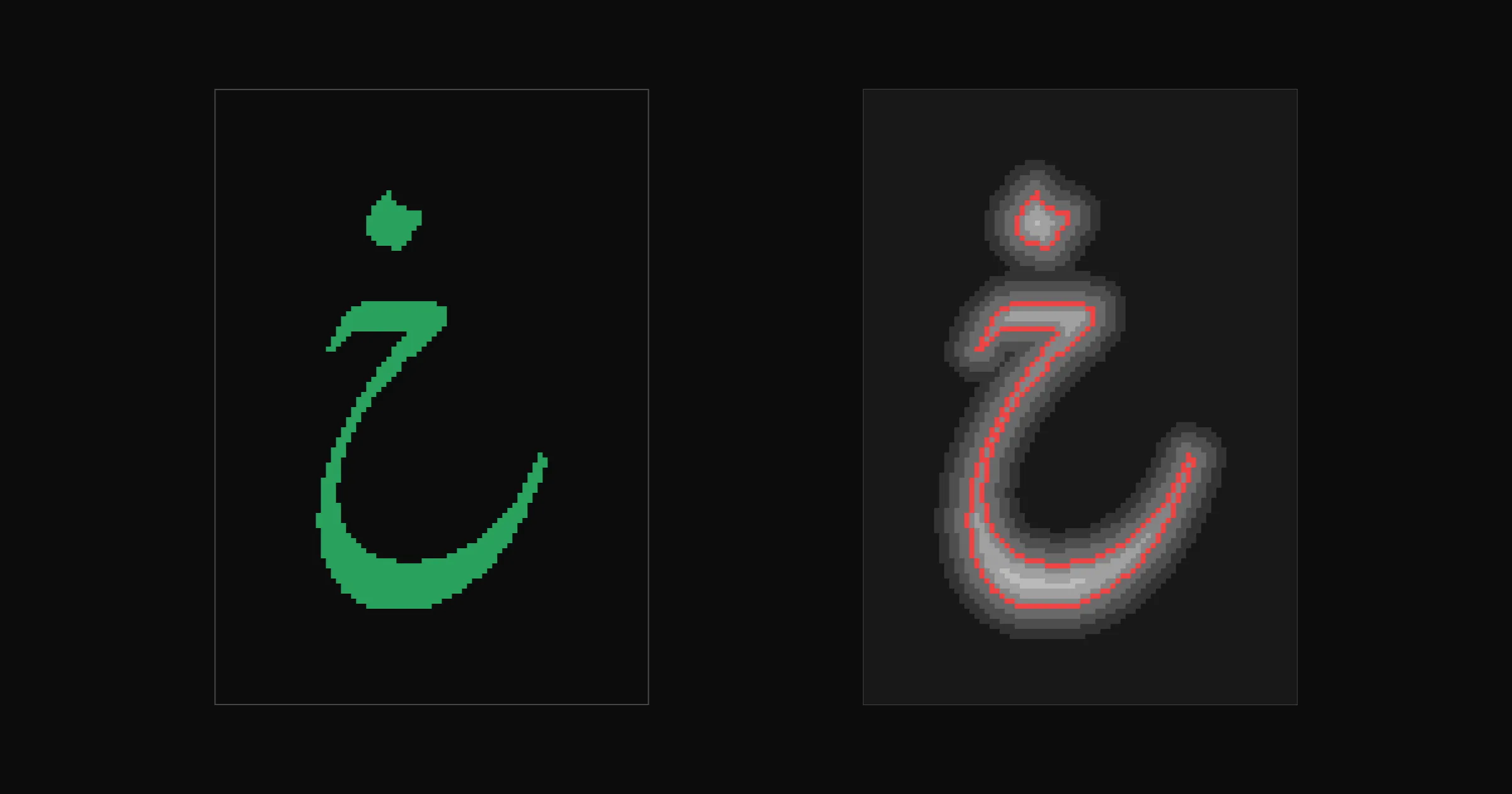 The isolated خ from Gulzar, and the same shape as a signed-distance field with the zero contour marked in red.