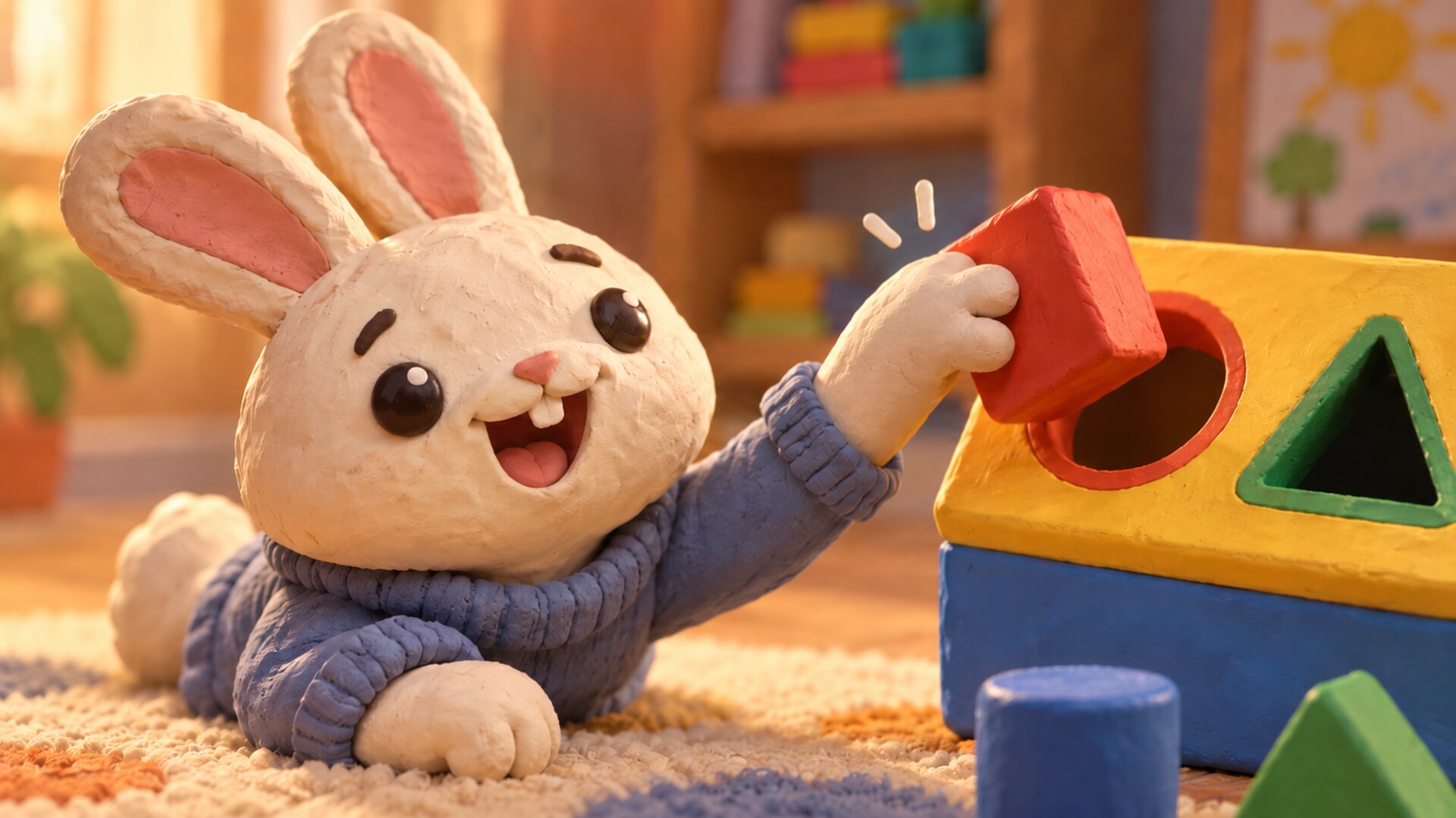 A clay bunny pushing a square block toward the round hole of a shape sorter.