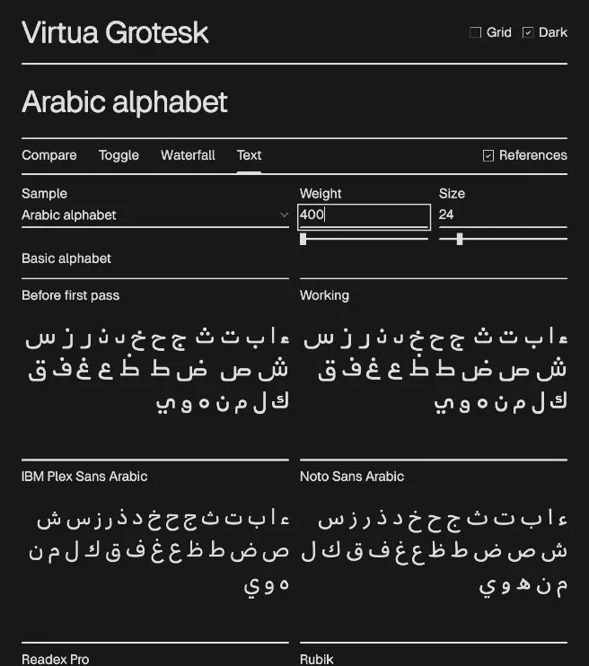 The Virtua Grotesk browser proof in Text mode: an Arabic alphabet, Before and Working, above IBM Plex Sans Arabic and Noto Sans Arabic.